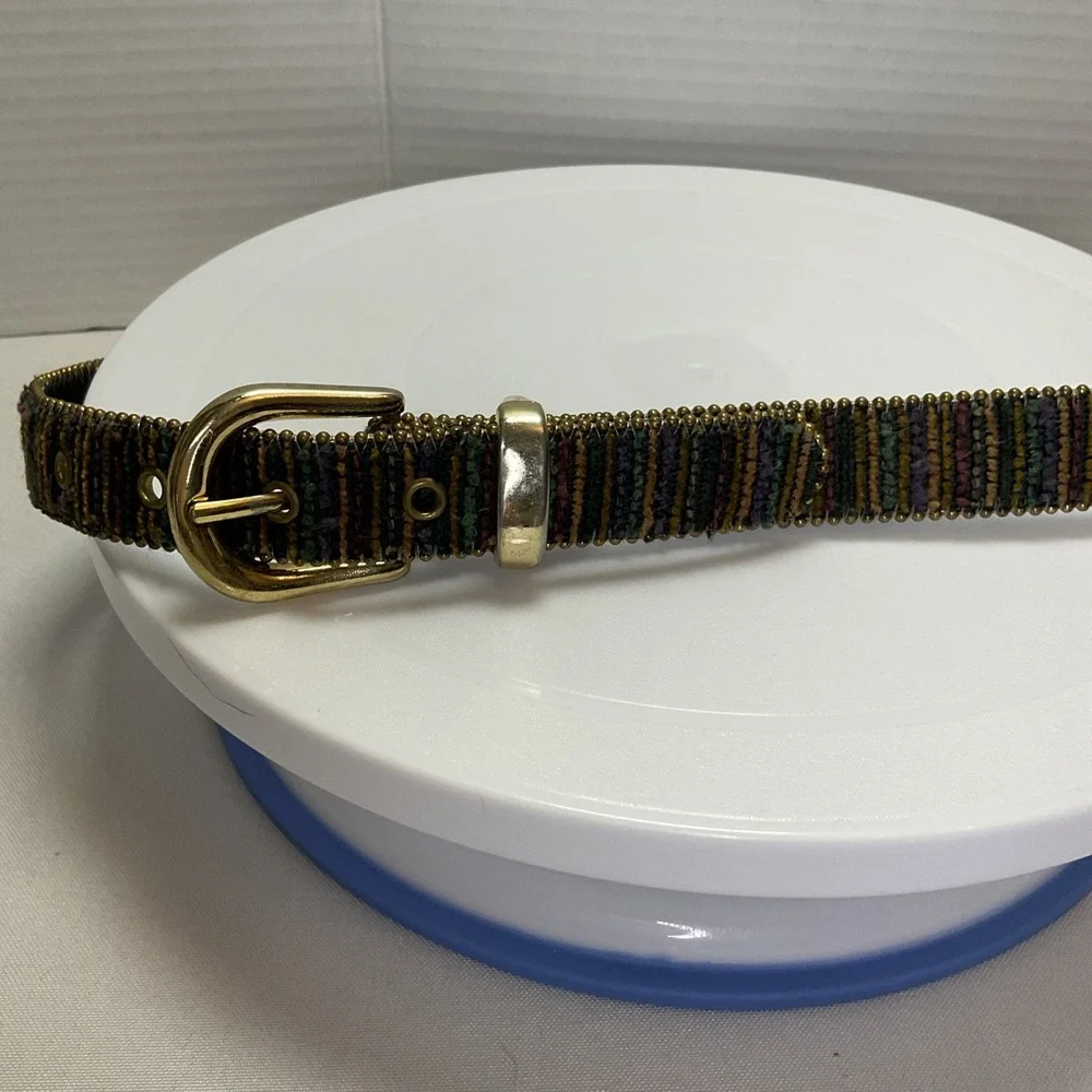 Tapestry Striped Multi Color Women's Beaded Belt‎ Size L Gold-Tone Buckle Boho